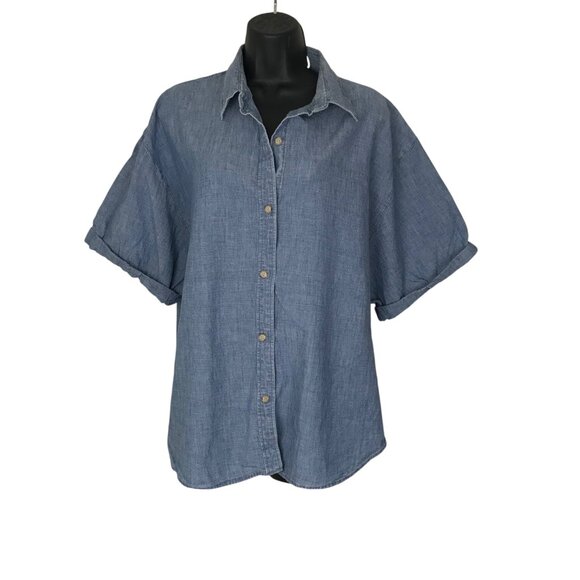 Denim Forum Blue 100% Cotton Short Sleeve Button Down Blouse Size XL - Picture 1 of 8